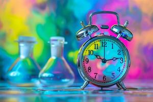 Classic alarm clock is ticking near flasks in a science lab for time concept photo