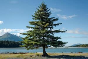 Lone pine tree standing on the shore of an alaskan lake photo