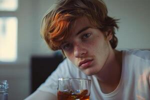 Sad young man drinking alcohol feeling depressed and lonely photo