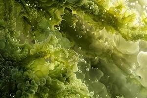 Green seaweed floating in water with bubbles forming abstract shapes photo
