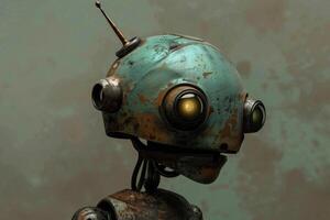 Rusty old retro robot looking to the side with one eye glowing photo