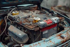 Old rusty car engine with an open hood is being left to rot in a junkyard photo