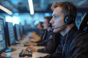Security operator working during night shift in system control room photo