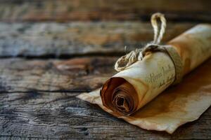 Old paper scroll tied with string lying on wooden table photo