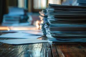 Stack of unsorted paperwork sitting on a desk in an office photo