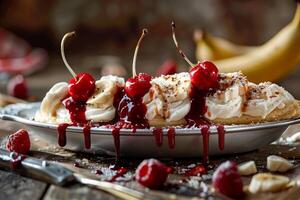 Banana split dripping with chocolate sauce and topped with cherries photo