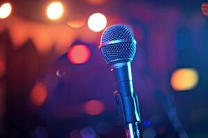 Microphone standing on stage with blurred colorful stage lights in background photo