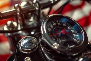 Motorcycle speedometer showing speed limit with american flag background photo