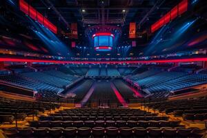 Empty arena seats awaiting an event with big screen and spotlights photo