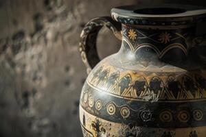 Ancient greek amphora showing signs of aging with intricate geometric patterns photo