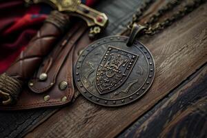 Ancient gold and silver medallion with royal crest lying on wooden table with sword photo