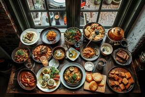 Gourmet food is presented on a table setting by a window photo