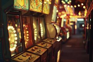 Row of illuminated arcade games waiting for players at amusement park photo