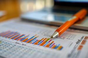 Orange pen pointing at financial chart on paper with laptop in background photo