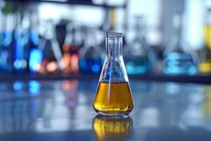 Erlenmeyer flask containing orange liquid sitting on table in laboratory photo
