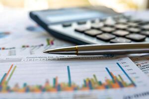 Financial analyst reviewing charts and performing calculations using calculator photo