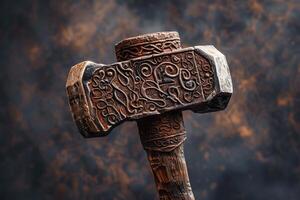 Ancient hammer with intricate engravings is displayed against a dark background photo