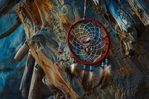 Red dreamcatcher with beads and feathers hanging on a tree trunk photo