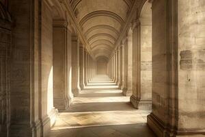 Sunlight illuminating a long corridor with arches and columns photo