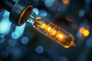 Glass syringe filled with glowing liquid on a dark background photo