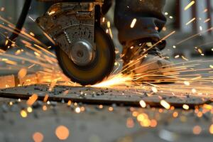 Construction worker cutting metal with angle grinder creating sparks photo