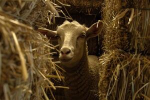 Sheep is looking at camera from haystack in a barn photo