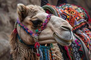 Dromedary camel wearing colorful halter posing for portrait photo