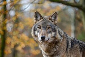 Gray wolf posing in the forest during fall photo