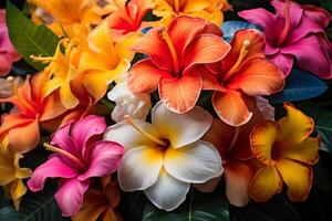 Close-up of colorful plumeria blooms with detailed petals and lush background photo