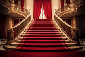Plush Marble stairs red carpet indoor. Generate Ai photo
