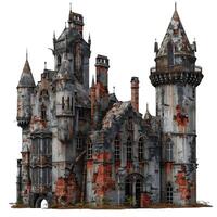Large gothic castle falling into disrepair with broken windows photo