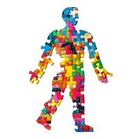 Human body shape walking puzzle pieces connecting problem solving photo