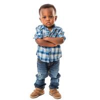 Adorable toddler boy with arms crossed on transparent background photo