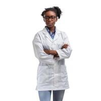 Confident female scientist standing with arms crossed photo