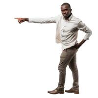 Confident man pointing to the side on transparent background photo