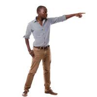 Confident man pointing sideways on transparent background photo