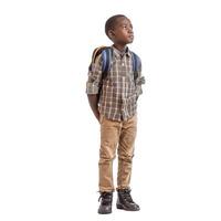 Young boy with backpack looking upwards photo