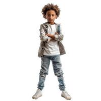 Stylish little boy with afro hair standing with crossed arms photo