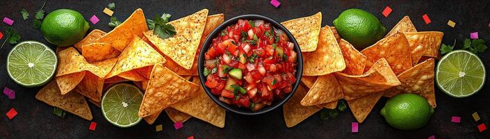 Nachos, salsa and limes on black background top view photo