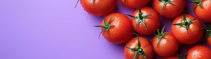 Wet red tomatoes on a lilic background with space for text, created with technology photo