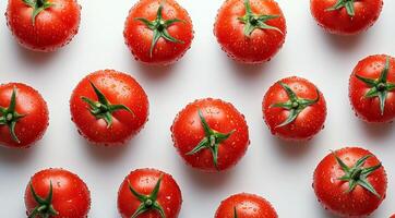 Wet red tomatoes on a white background top view photo