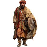 Medieval warrior king posing with shield and sword on white background photo