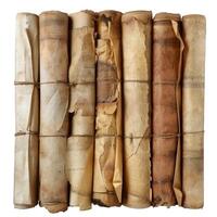 Stack of old documents tied with string displaying antique lettering photo