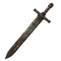 Ancient metallic sword pointing up isolated on white background photo