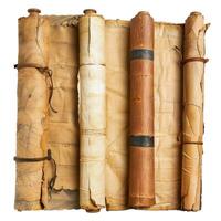 Old maps and scrolls rolled up showing age and decay photo