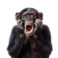Portrait of a shocked chimpanzee screaming with its hands on its cheeks photo