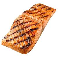 Delicious grilled salmon fillet with crispy skin, isolated on a white background photo