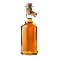 Full bottle of liquor with cork and fabric on white background photo