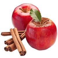 Fresh apples and cinnamon sticks on transparent background photo
