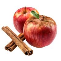 Fresh apples and cinnamon sticks on transparent background photo